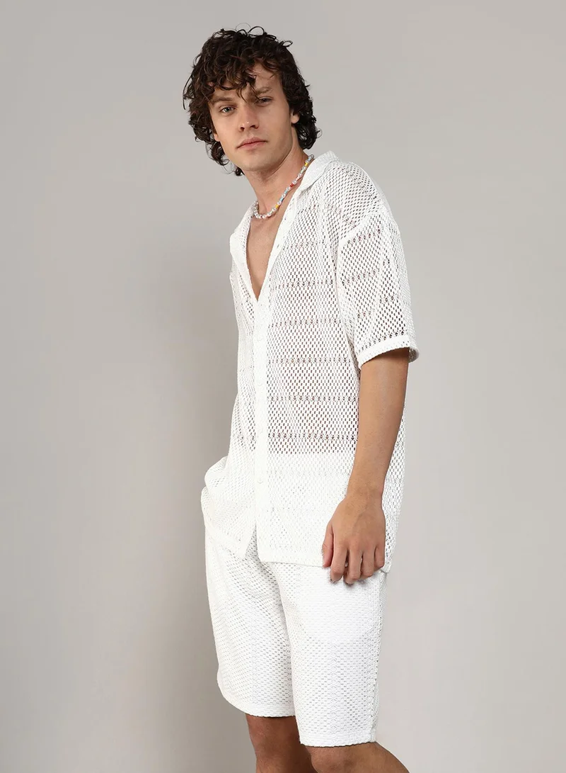 CAHOOT  Men's Chalk White Oversized Knit Co-Ord SetFor Casual Wear | Spread Collar | Short Sleeve | Button Closure | Co-Ords Crafted With Comfort Fit For Everyday Wear for Men | Best Price UAE